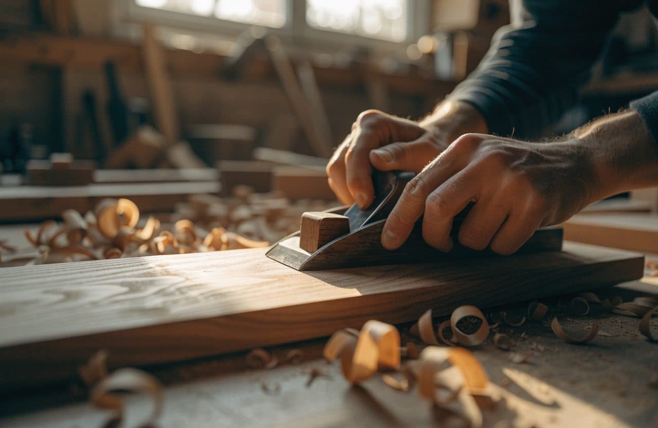 A woodworker planing a walnut board