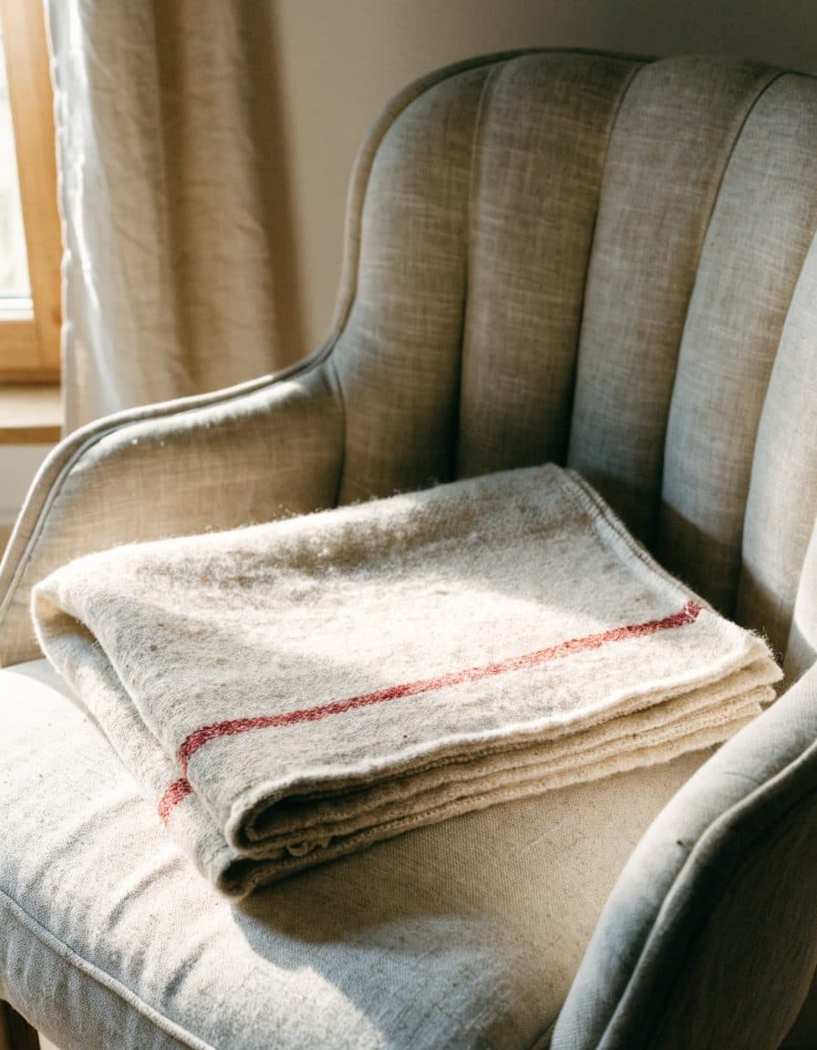 Wool throw, undyed with madder stripe